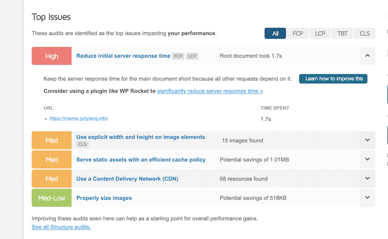 Top performance issues to fix - Source: GTmetrix
