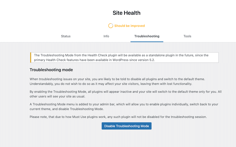 Troubleshooting plugin from the Site Health section - Source: Health Check & Troubleshooting
