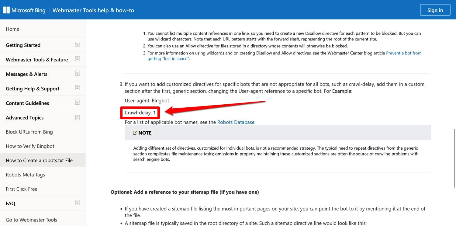 Bing documentation mentioning crawl delay directive
