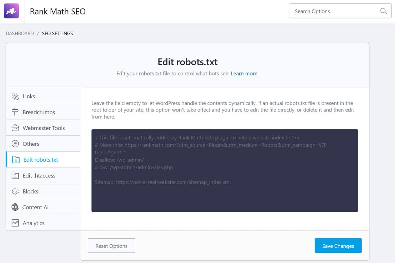 Edit robots.txt with the Rank Math SEO plugin