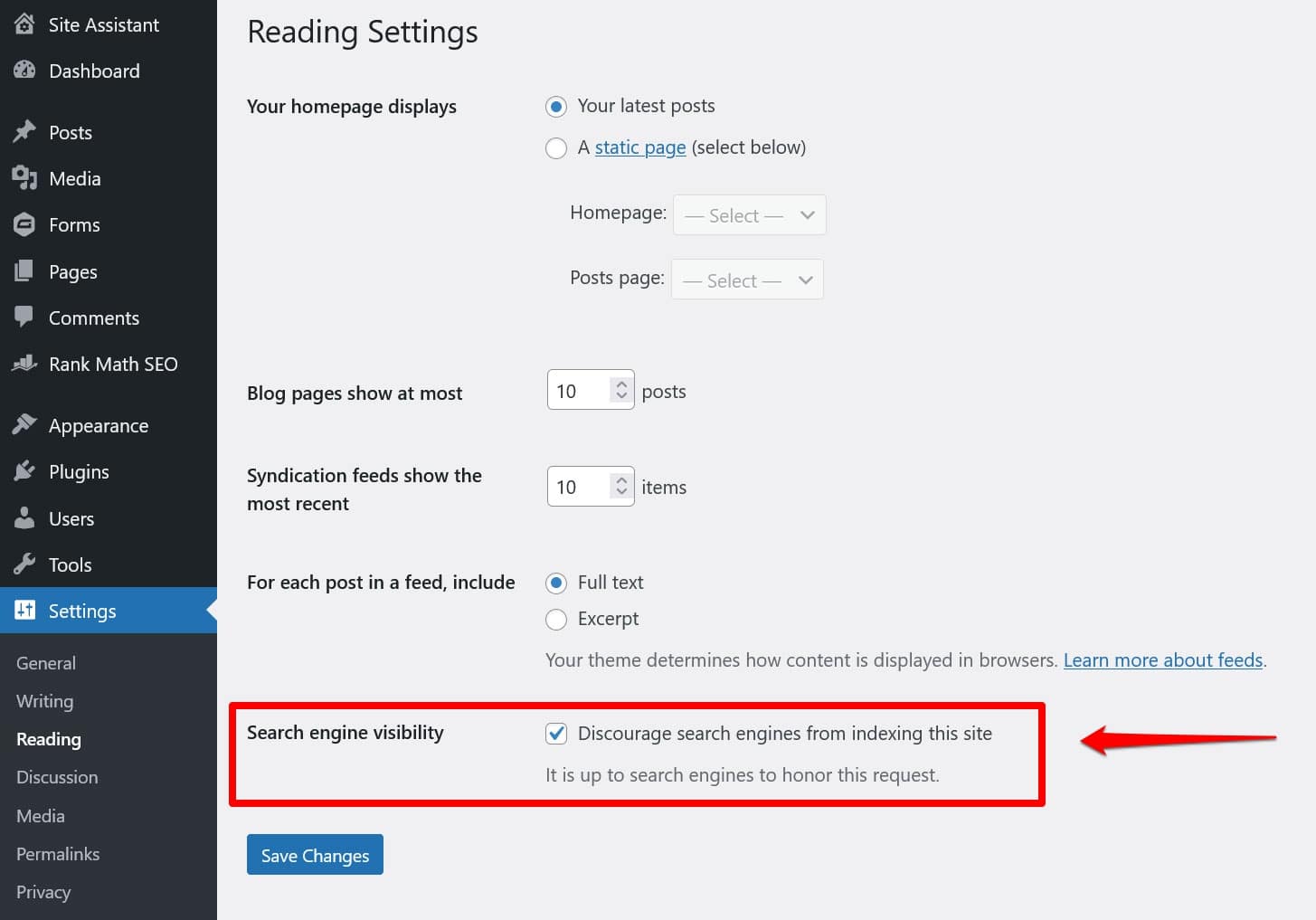 WordPress reading settings discouraging search crawlers
