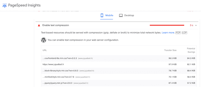 Checking Gzip compression with PageSpeed Insights (diagnostic section)- Source: PageSpeed 

 