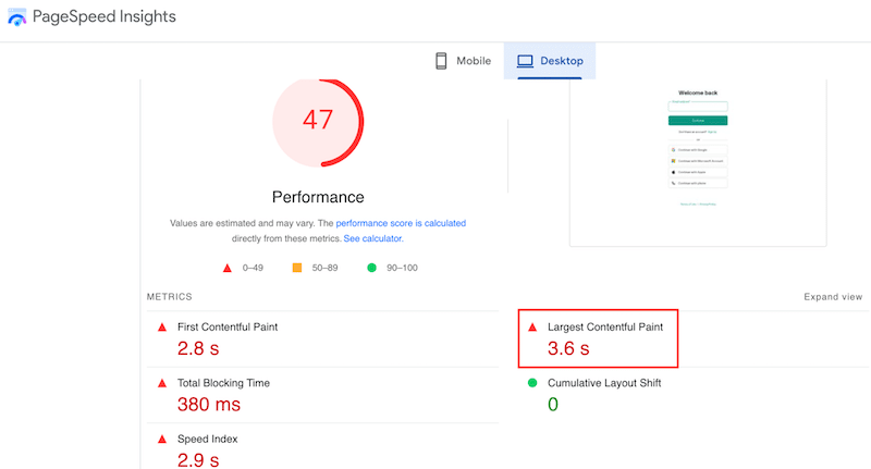 LCP grade - Source: PageSpeed Insights 