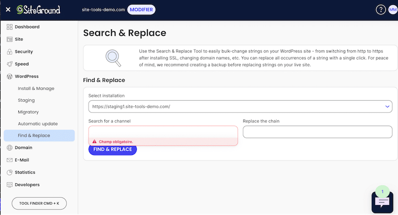 Open the Find & Replace tool - Source: my SiteGround  