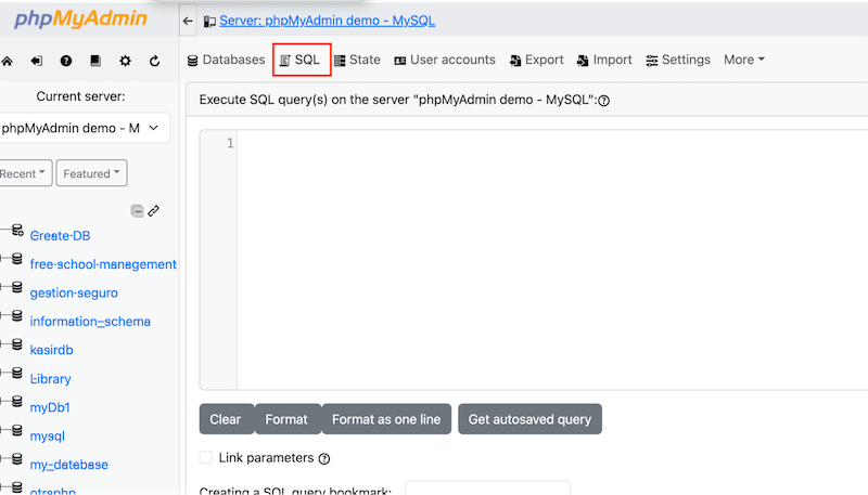 Open the SQL tab – Source: phpMyAdmin 