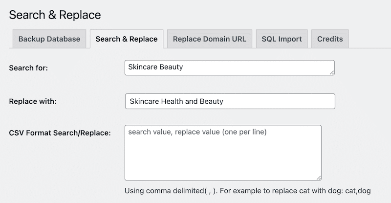 Search and replace fields for content strings and CSV formats - Source: Search & Replace admin 