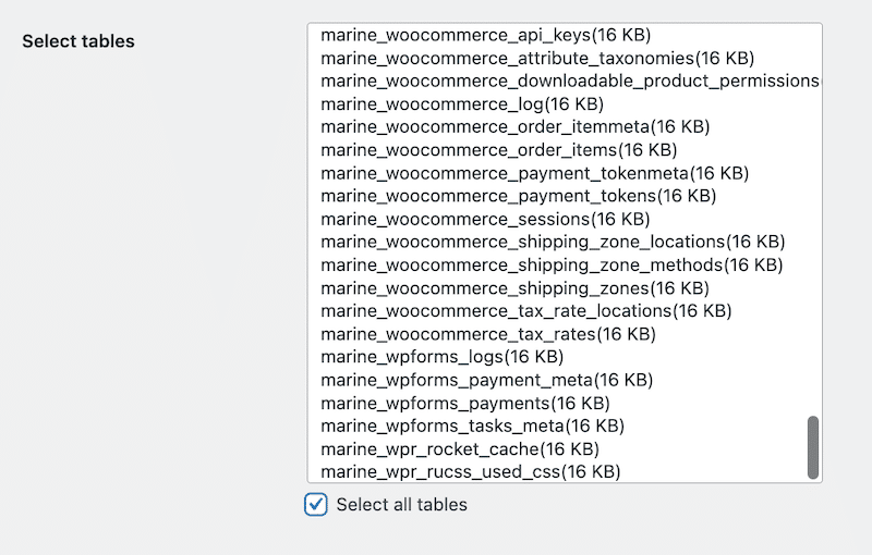 Select all the tables that should be concerned by the search and replace - Source: Search & Replace admin 