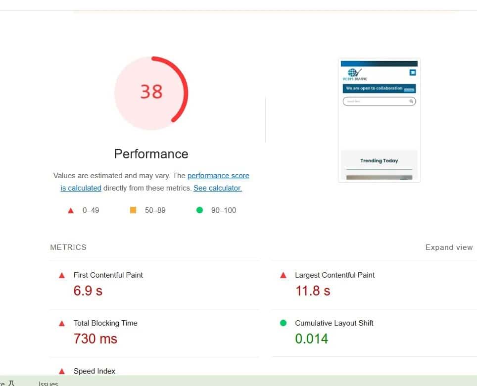 PageSpeed Insights results from mobile before WP Rocket 