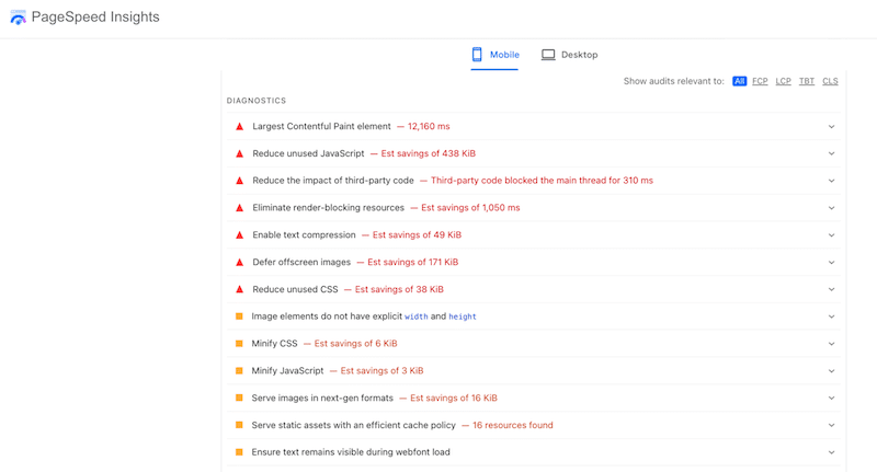 Example of a diagnostics section from Google PSI - Source: PageSpeed Insights