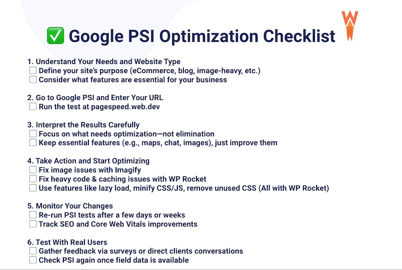 Google PSI Optimization checklist - Source: WP Rocket