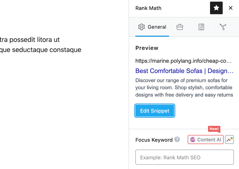 The Edit Snippet button to add meta tags on WordPress - Source: RankMath 