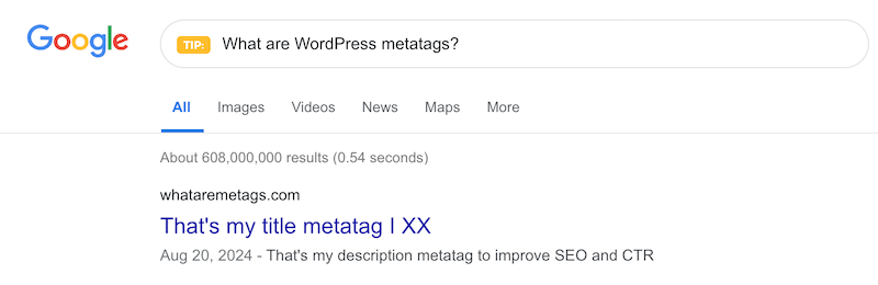 Title meta tags and meta description in WordPress - Source: My Google search results 