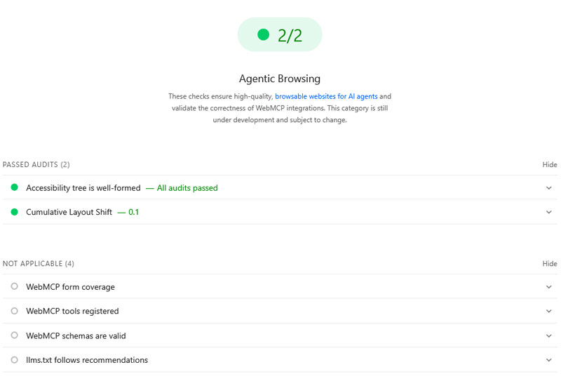 google pagespeed insights agentic browsing audit