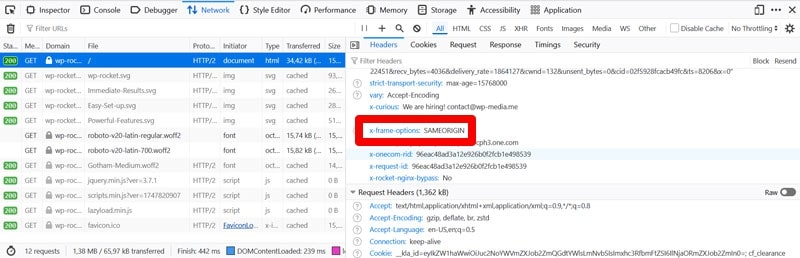 security header visible in browser developer tools
