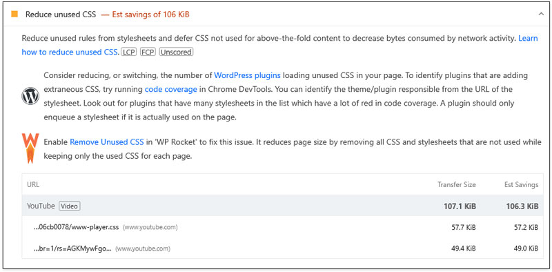 test website initial reduce unused css warning