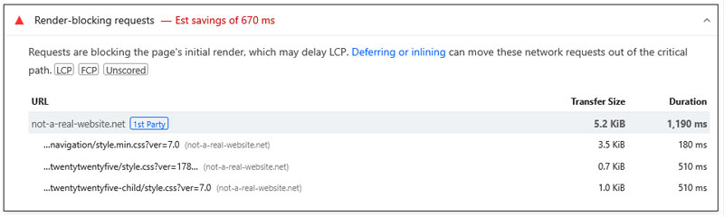 test website initial render blocking requests insight