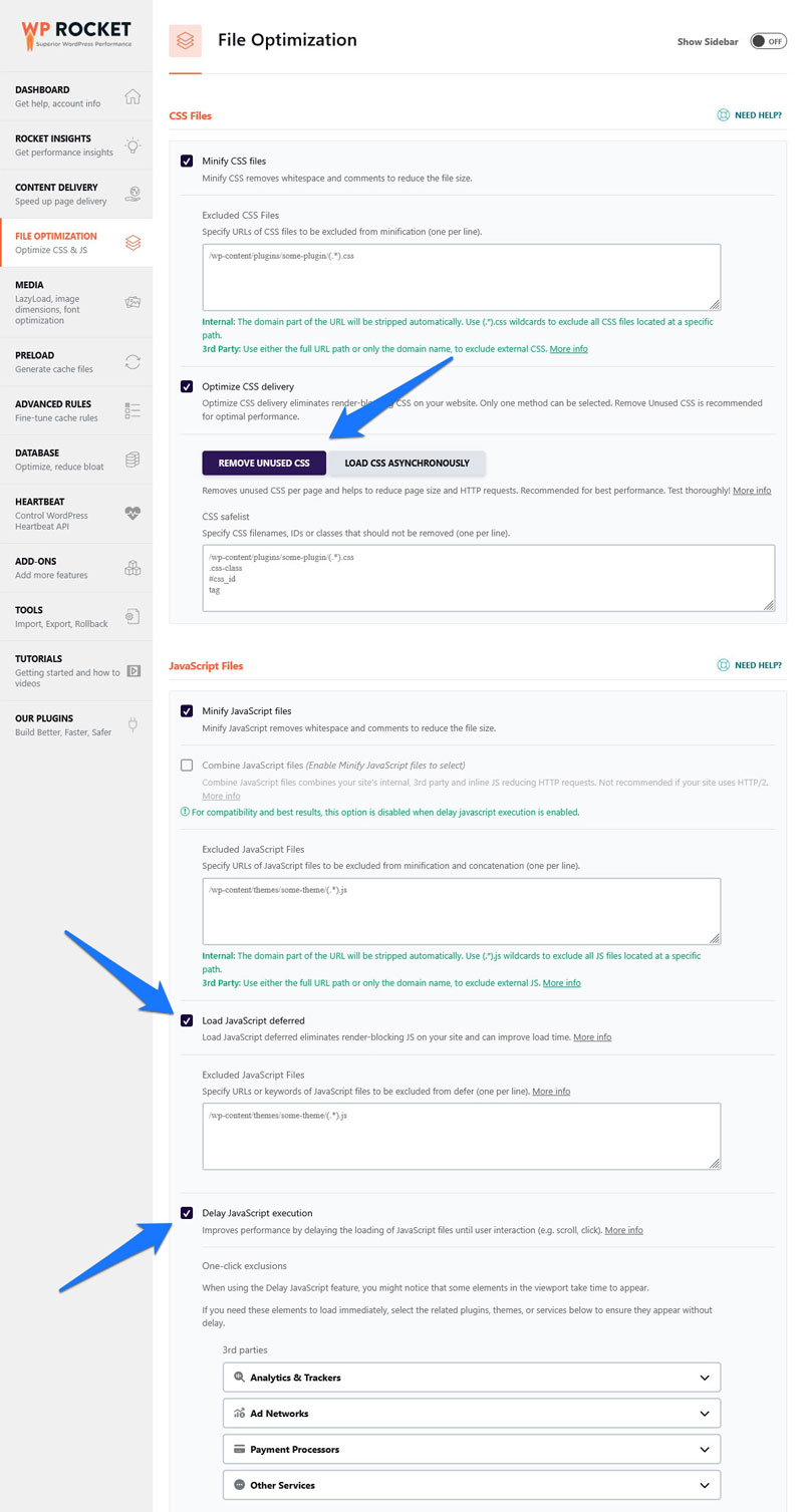 wp rocket file optimization menu