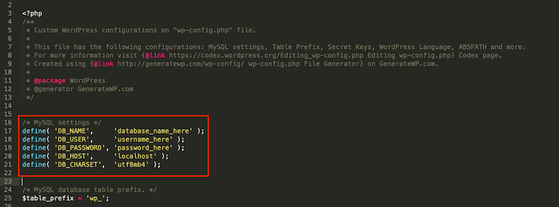 Checking if database credentials match from the wp-config file - Source: example of a config file