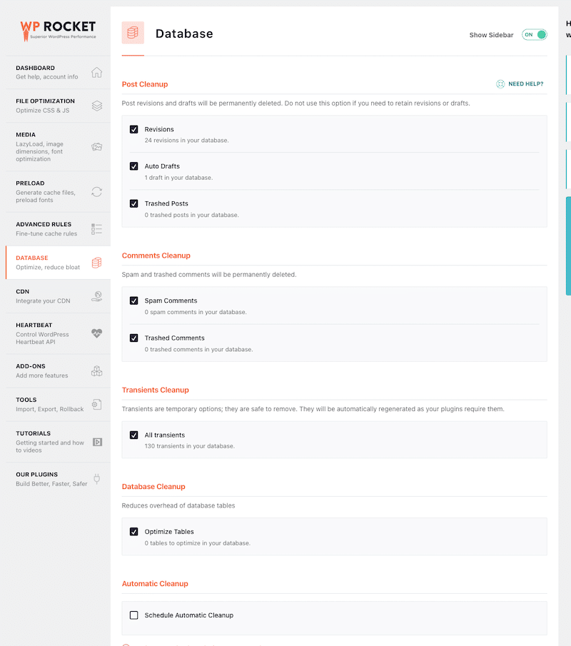 Database tab from WP Rocket - Source: WP Rocket’s dashboard