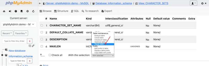 How to repair a database with phpMyAdmin - Source: phpMyAdmin