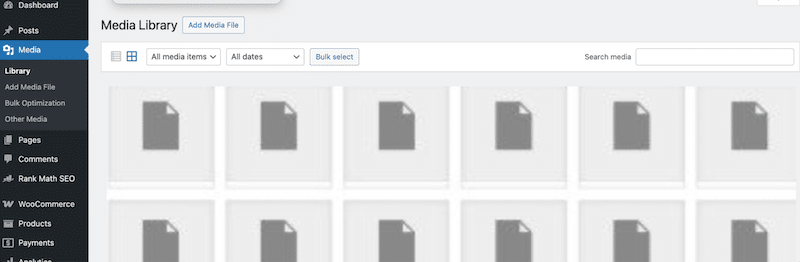 Media library not showing images - Source: My WordPress library 