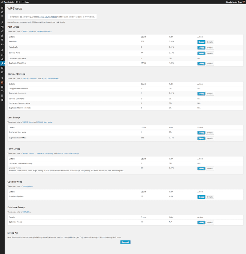Optimizing database - Source: WP Sweep