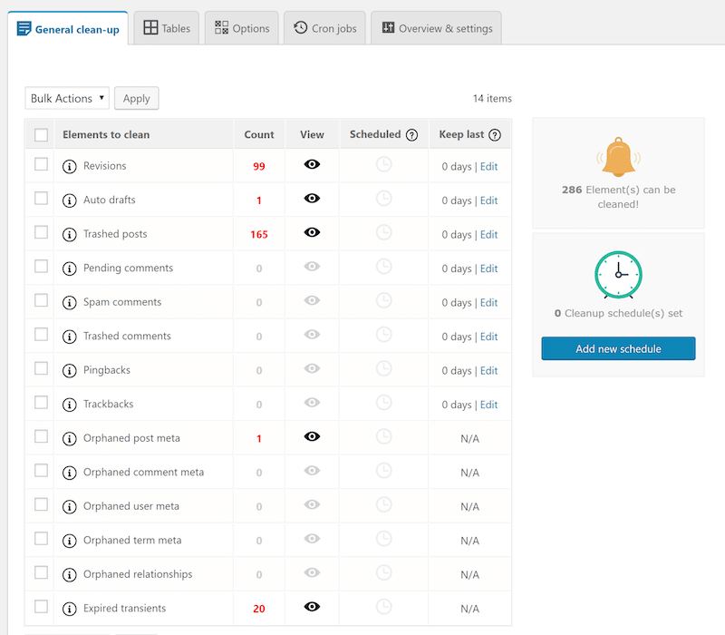 Optimizing database and selecting which elements to clean - Source: Advanced Database Cleaner Pro