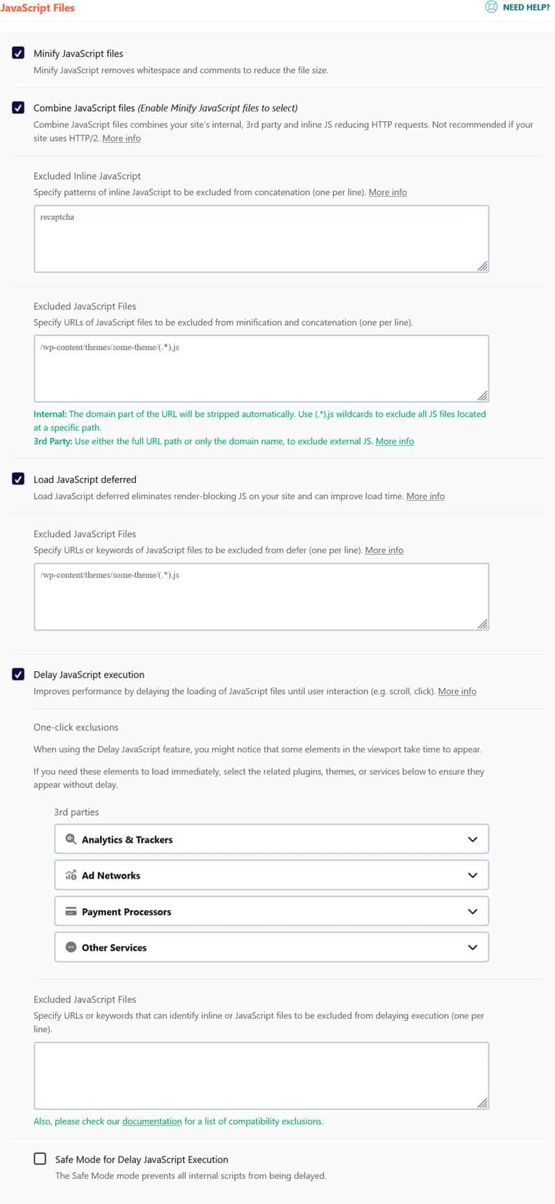 javascript optimization settings in wp rocket