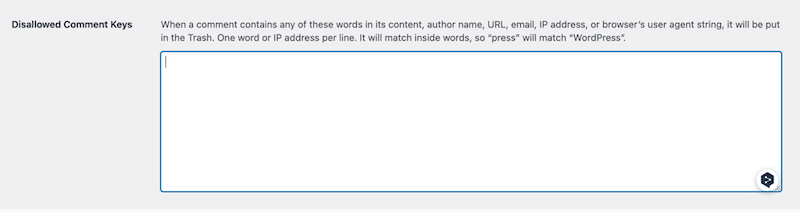 Comment moderation section to trash spam comments - Source: WordPress Discussion settings