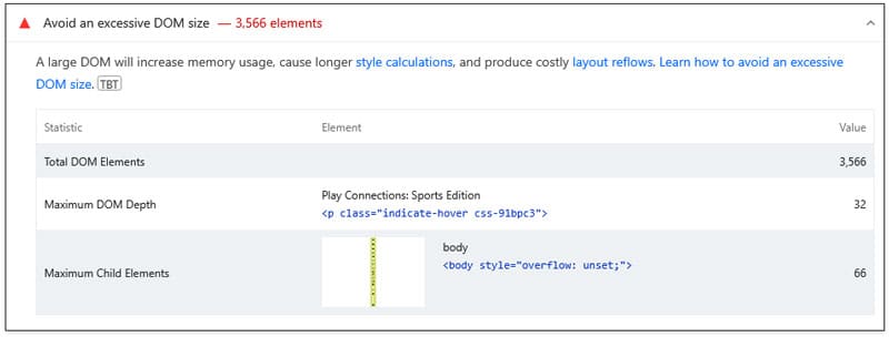 avoid excessive dom size warning in pagespeed insights
