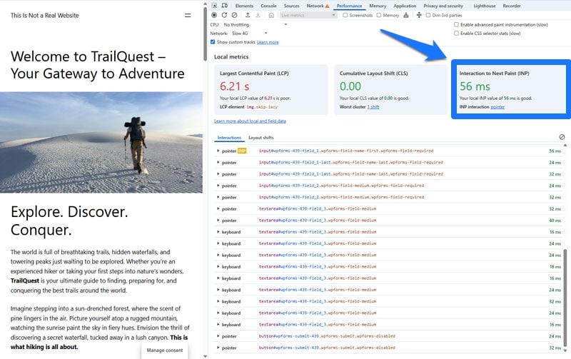 chrome development tools initial inp test