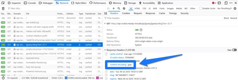 content compression in browser development tools