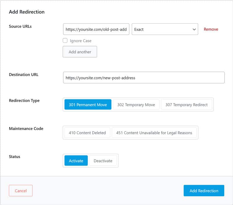 create redirect in wordpress example