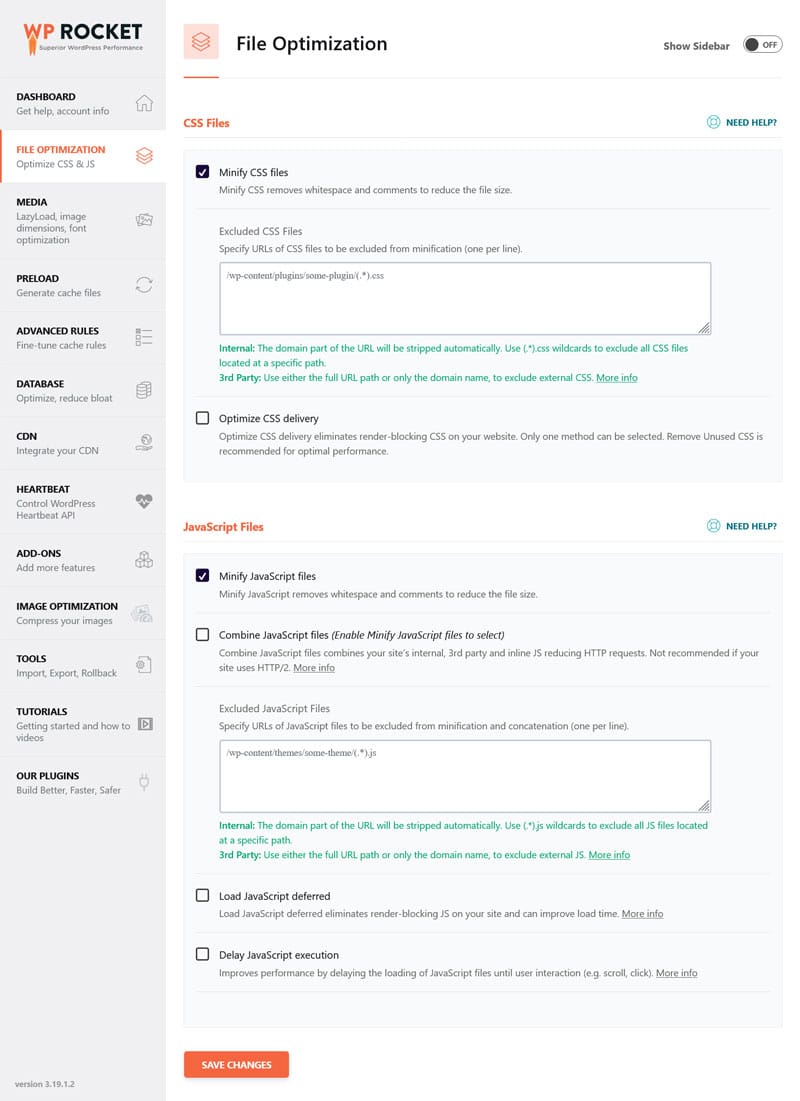 file optimization options in wp rocket