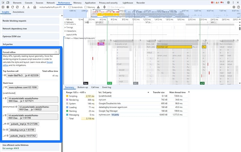 forced reflow indicators in chrome developer tools