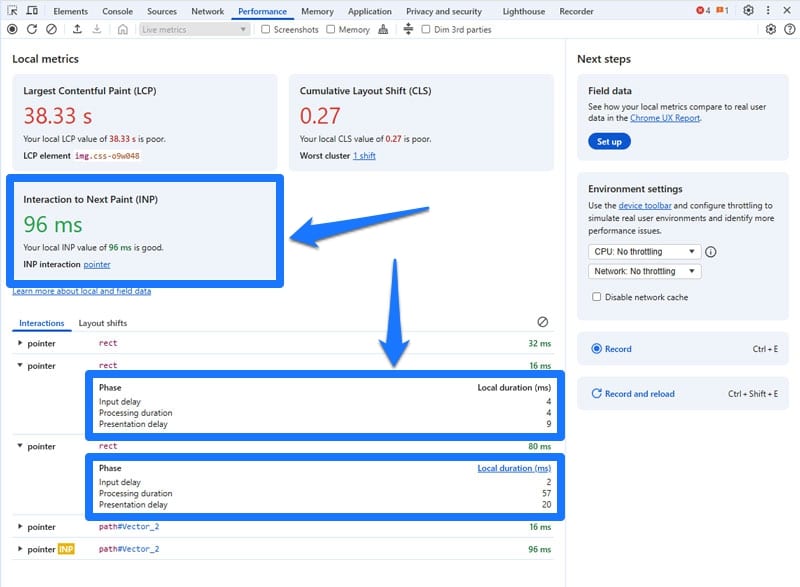 interaction to next paint in chrome developer tools performance tab