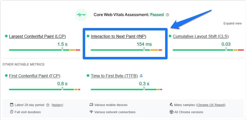 interaction to next paint in pagespeed insights