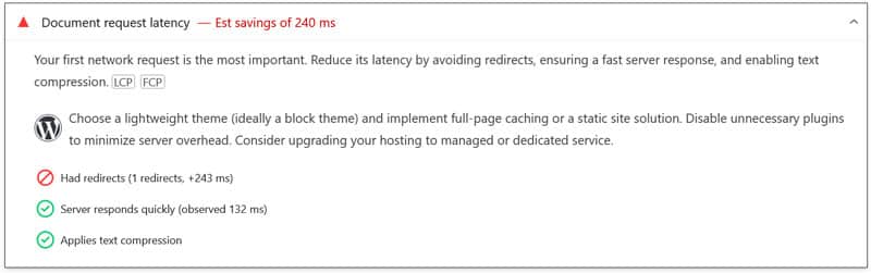redirect warning in pagespeed insights