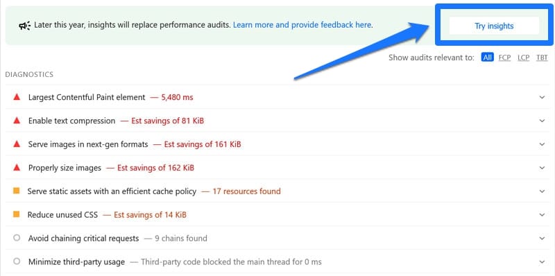 switch pagespeed insights to insight audits