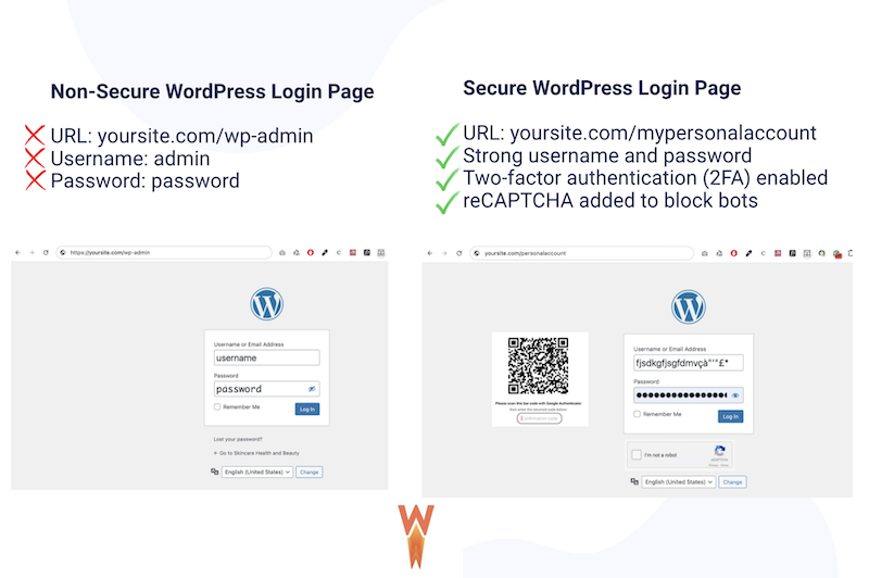 A secure vs non-secure WordPress login page - Source: WP Rocket