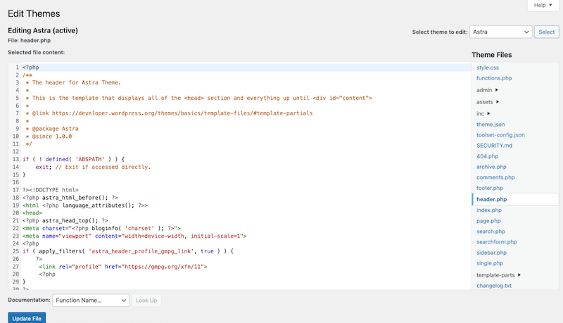 Theme File Editor accessible from the WordPress dashboard - Source: my Theme File Editor