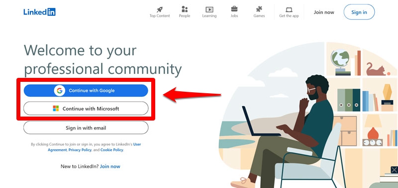 linkedin login screen with google and microsoft login options