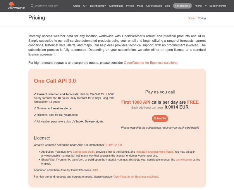 openweathermap.org pricing