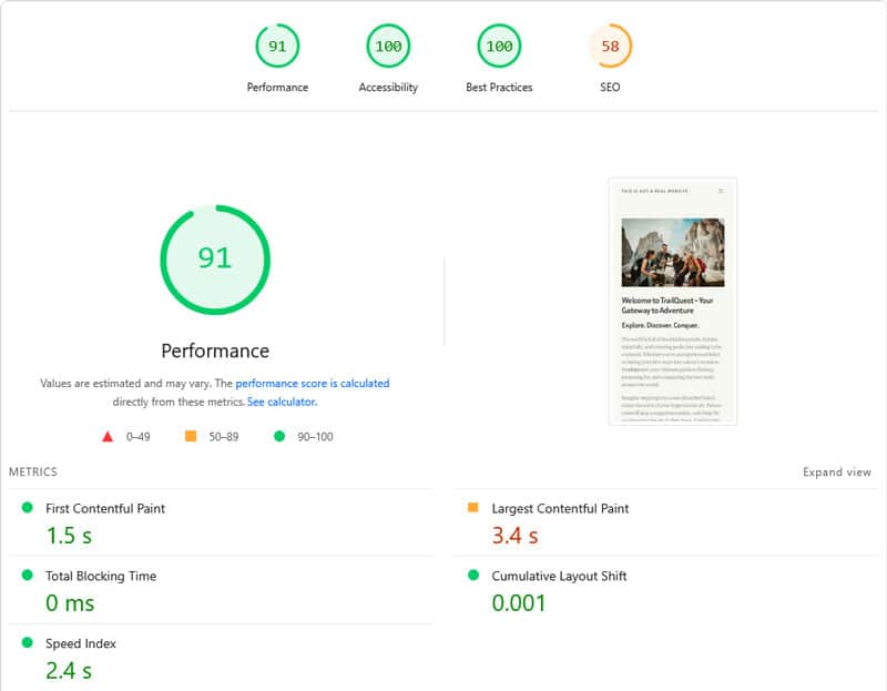 improved pagespeed insights results
