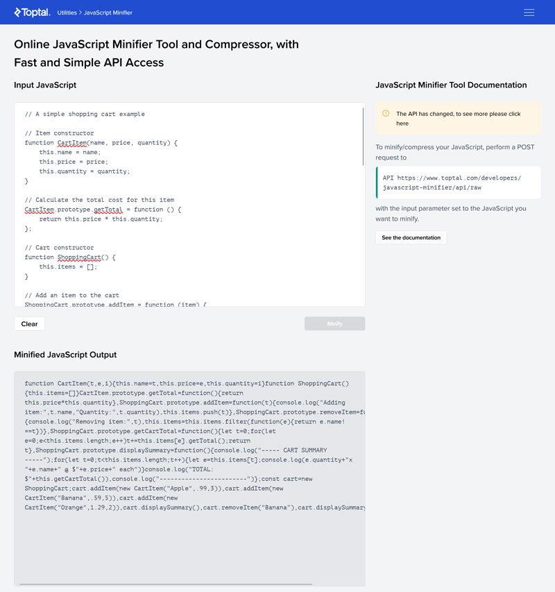 online javascript minifier example