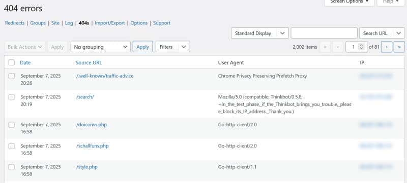 redirection plugin 404 error log