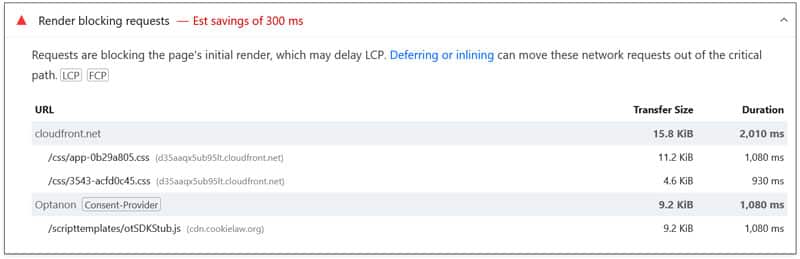 render blocking requests in pagespeed insights