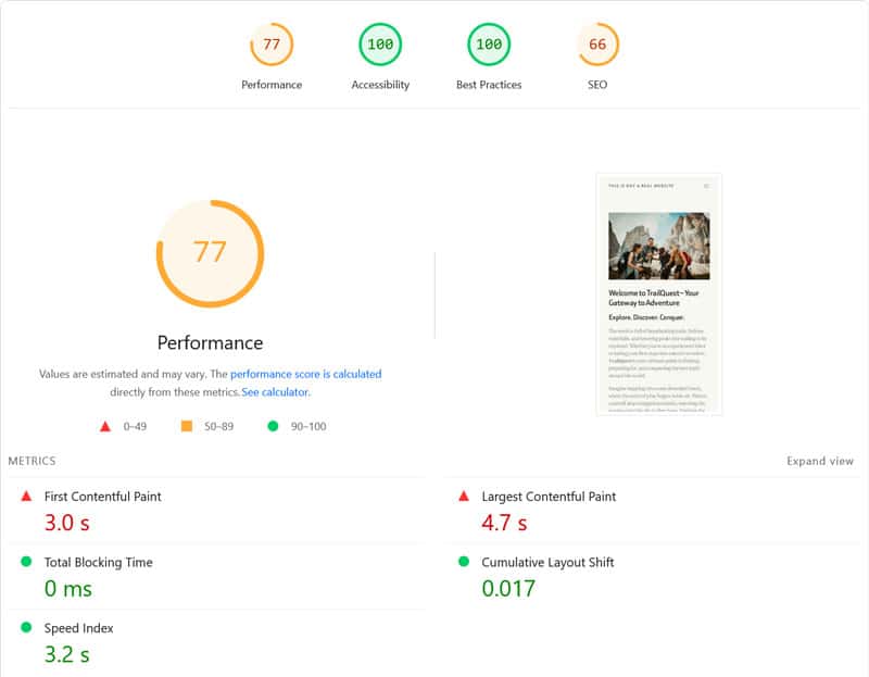 website test initial results