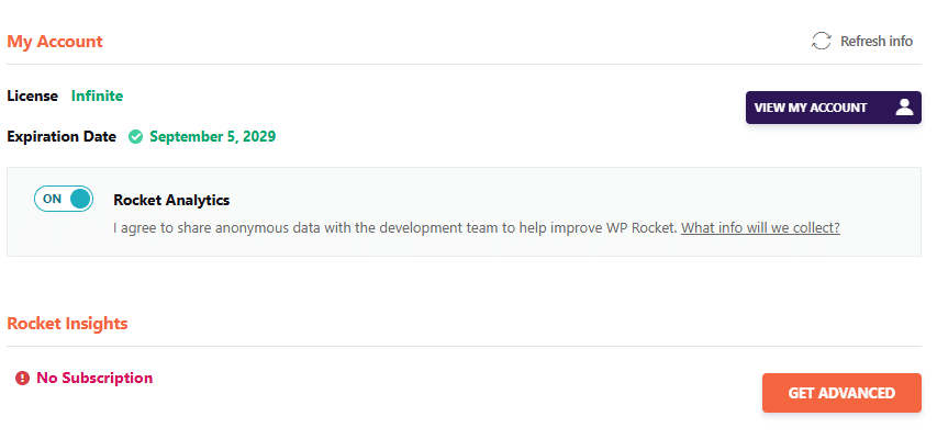 Get Rocket Insights - WP Rocket dashboard