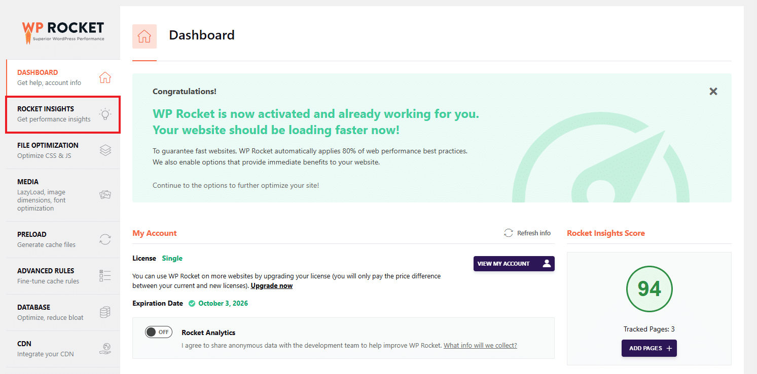 New Rocket Insights tab – WP Rocket dashboard 